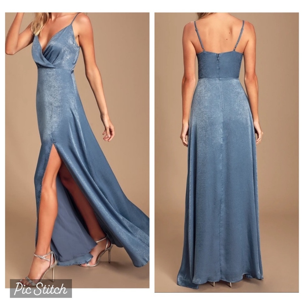 Lulu’s Constantine Slate Blue Satin Maxi Dress